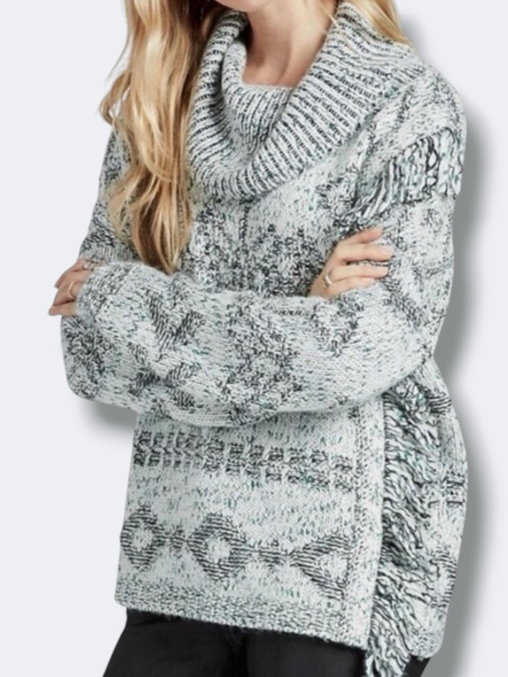 Lucky Brand Sweater Women's Medium Green Cowl Neck Aztec Fringe Wool